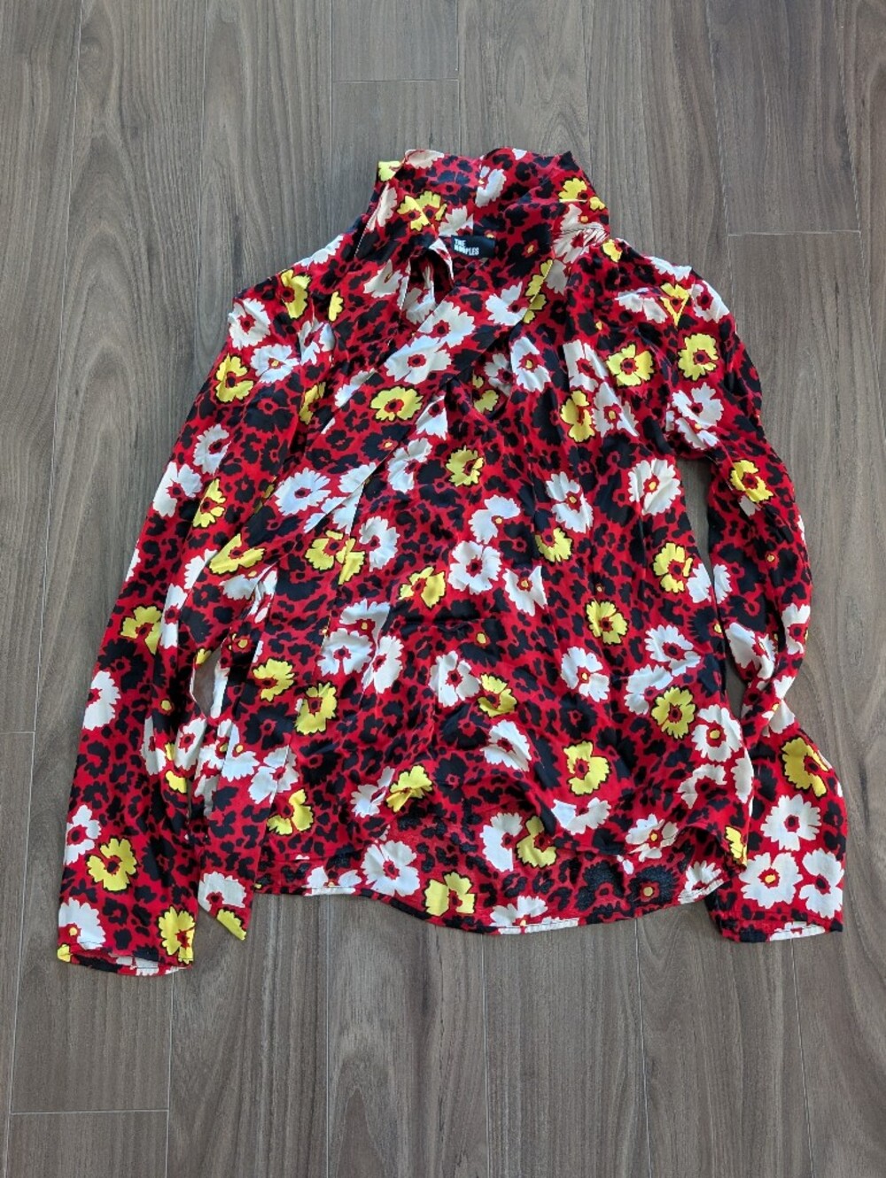 The Kooples Red Floral Tie-Neck Blouse with Yellow & White Flowers (Size 1 -XS)